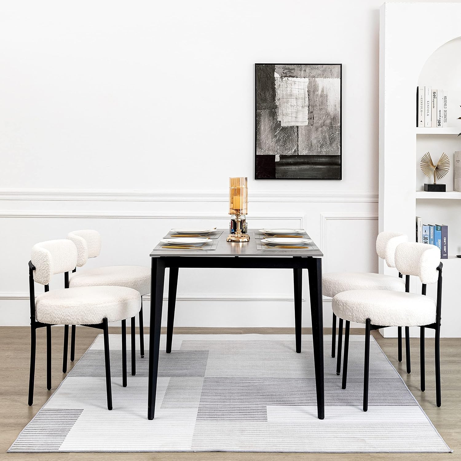 White Boucle Dining Chairs Set of 2, Mid Century Modern Kitchen Chairs, Upholstered Dining Room Chairs with Curved Backrest and Black Metal Legs
