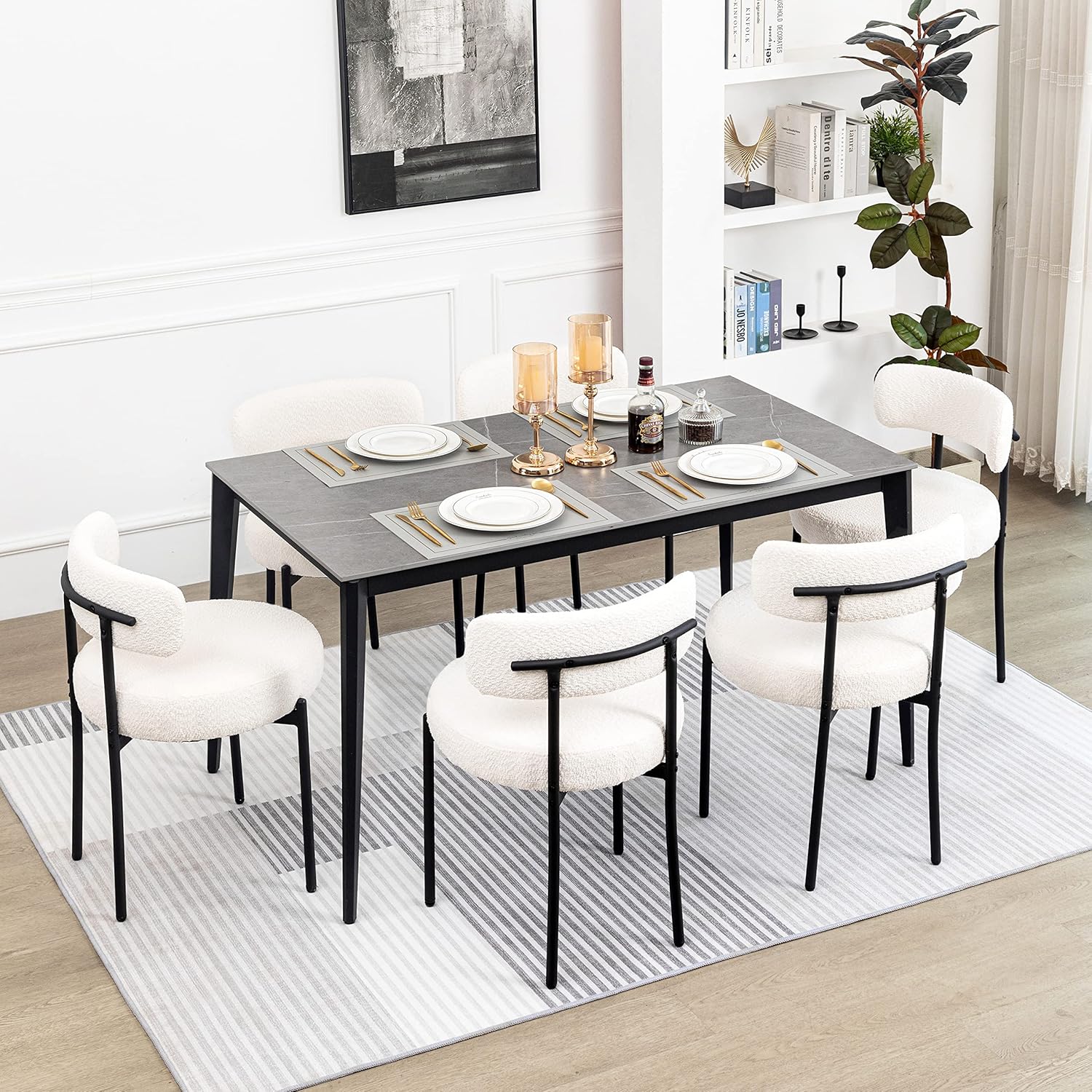 White Boucle Dining Chairs Set of 2, Mid Century Modern Kitchen Chairs, Upholstered Dining Room Chairs with Curved Backrest and Black Metal Legs