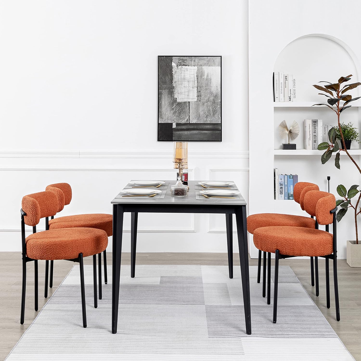 White Boucle Dining Chairs Set of 2, Mid Century Modern Kitchen Chairs, Upholstered Dining Room Chairs with Curved Backrest and Black Metal Legs