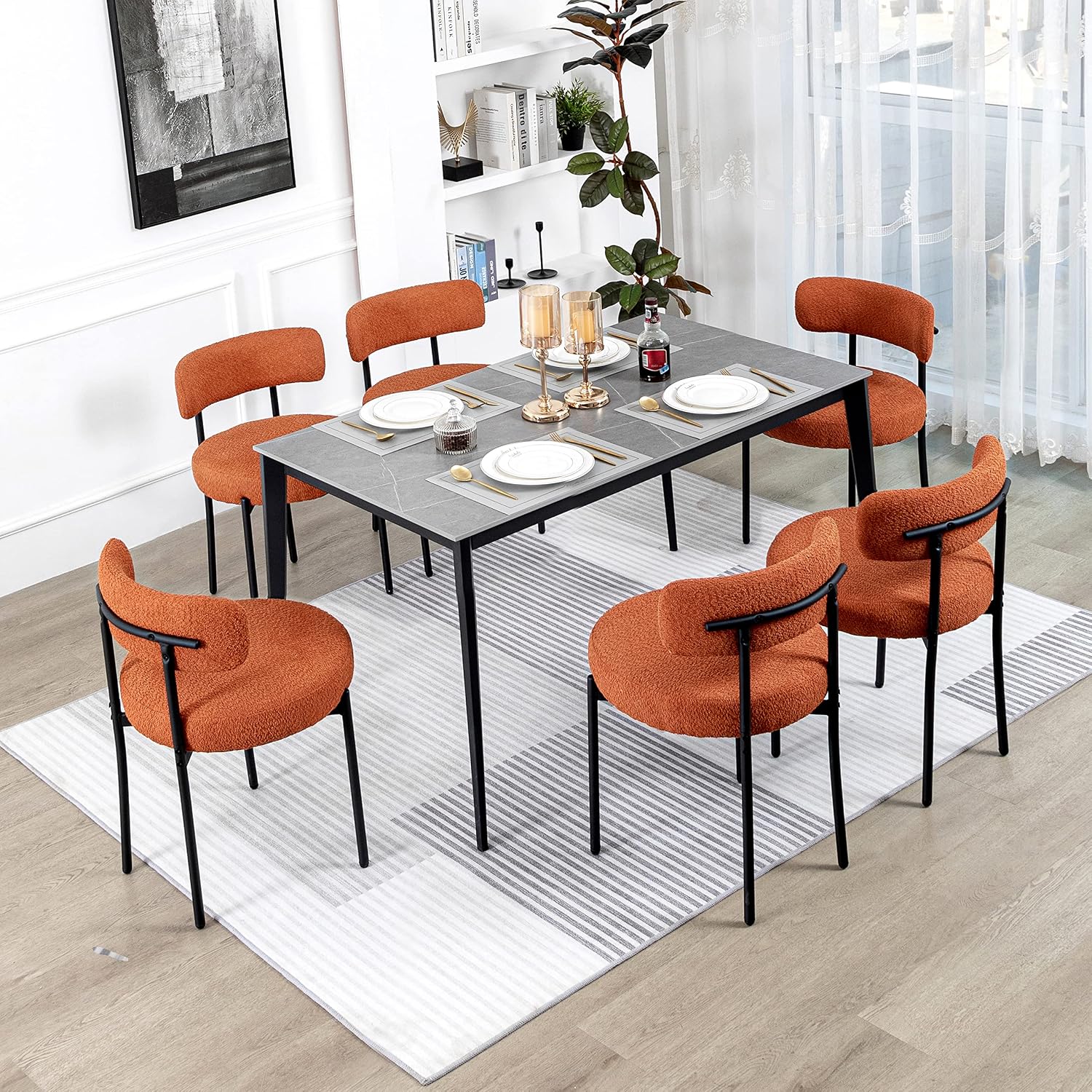 White Boucle Dining Chairs Set of 2, Mid Century Modern Kitchen Chairs, Upholstered Dining Room Chairs with Curved Backrest and Black Metal Legs