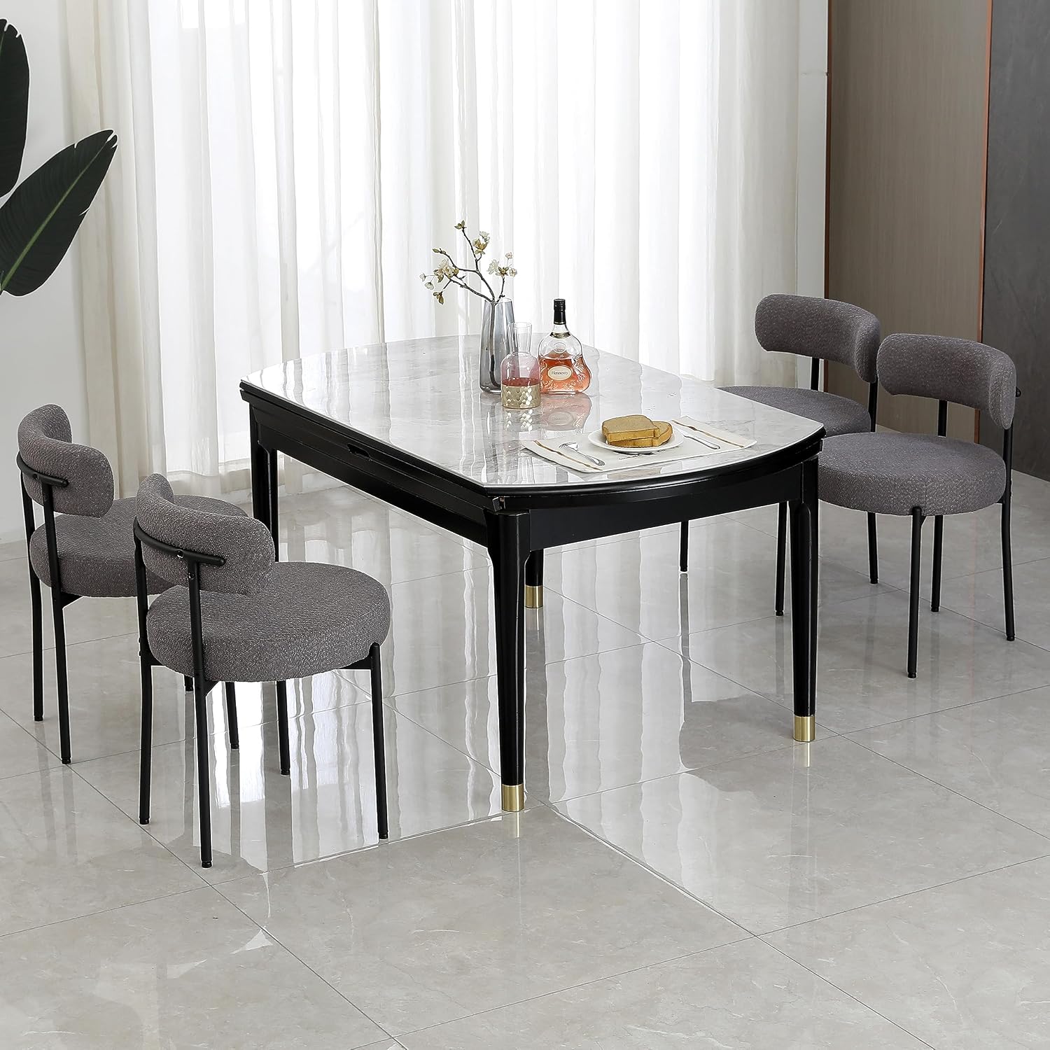 White Boucle Dining Chairs Set of 2, Mid Century Modern Kitchen Chairs, Upholstered Dining Room Chairs with Curved Backrest and Black Metal Legs