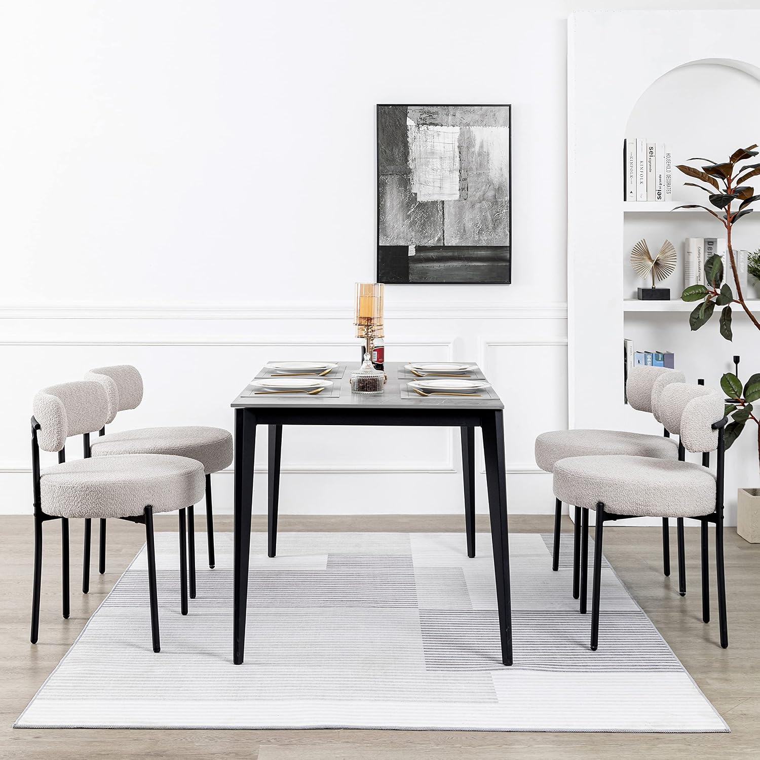 White Boucle Dining Chairs Set of 2, Mid Century Modern Kitchen Chairs, Upholstered Dining Room Chairs with Curved Backrest and Black Metal Legs