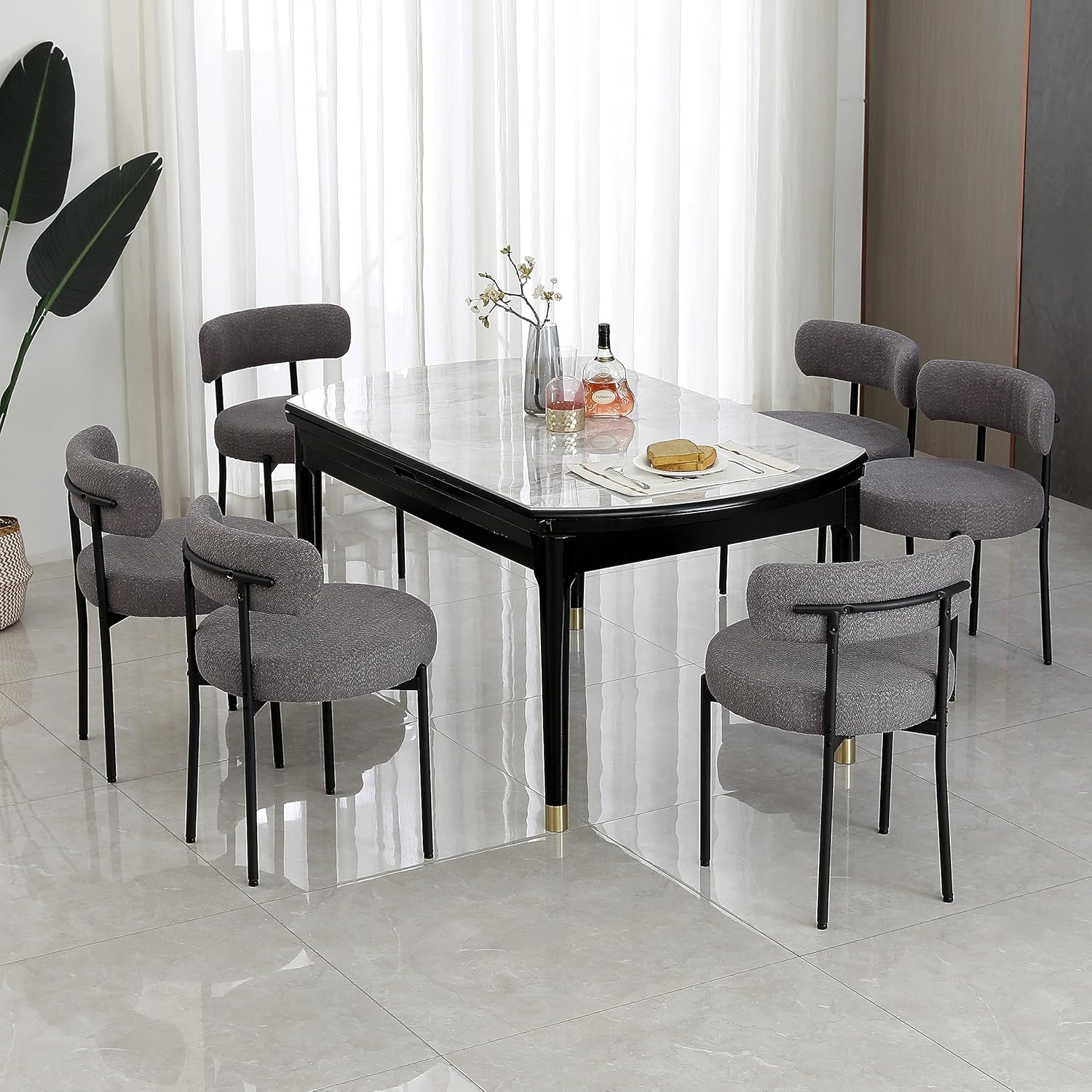 White Boucle Dining Chairs Set of 2, Mid Century Modern Kitchen Chairs, Upholstered Dining Room Chairs with Curved Backrest and Black Metal Legs