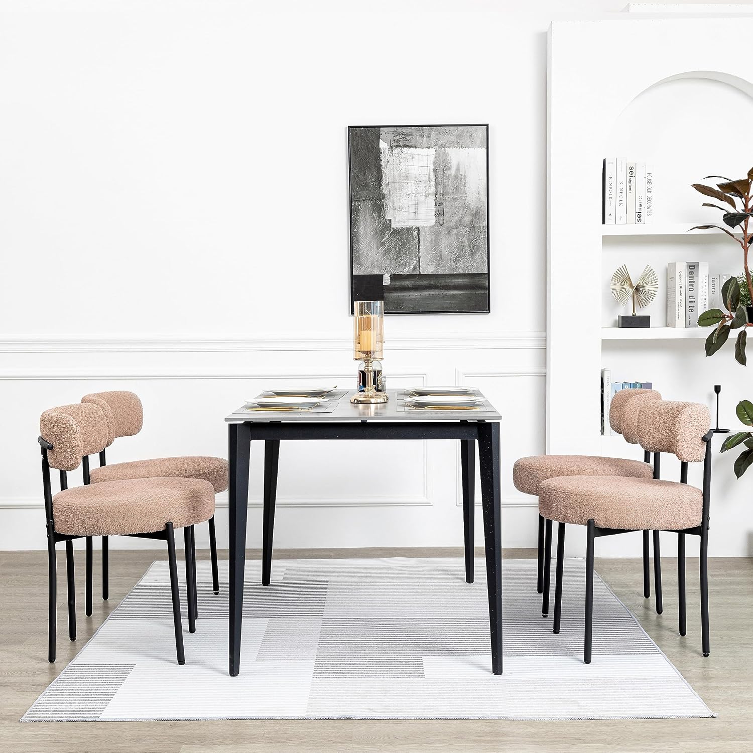 White Boucle Dining Chairs Set of 2, Mid Century Modern Kitchen Chairs, Upholstered Dining Room Chairs with Curved Backrest and Black Metal Legs