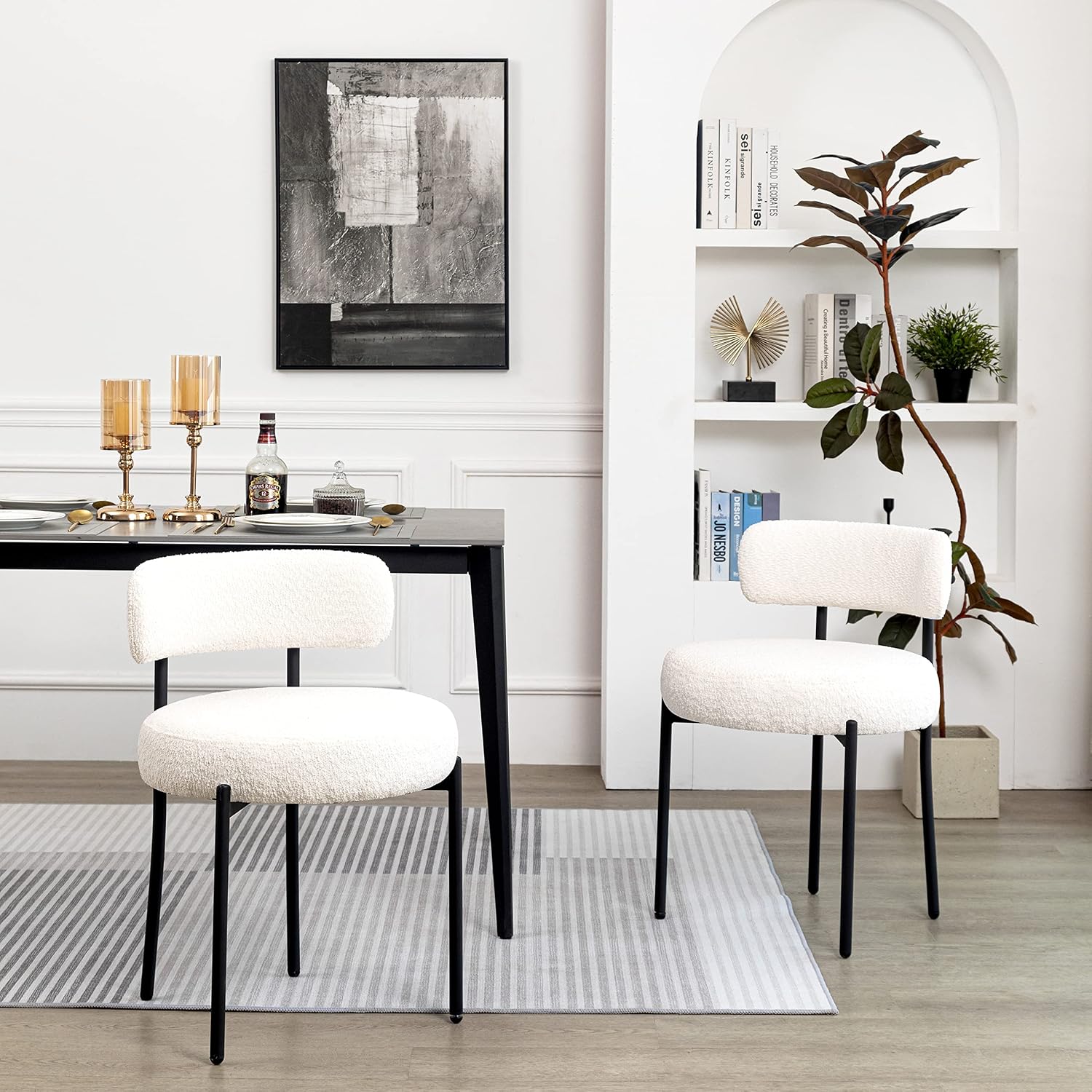White Boucle Dining Chairs Set of 2, Mid Century Modern Kitchen Chairs, Upholstered Dining Room Chairs with Curved Backrest and Black Metal Legs