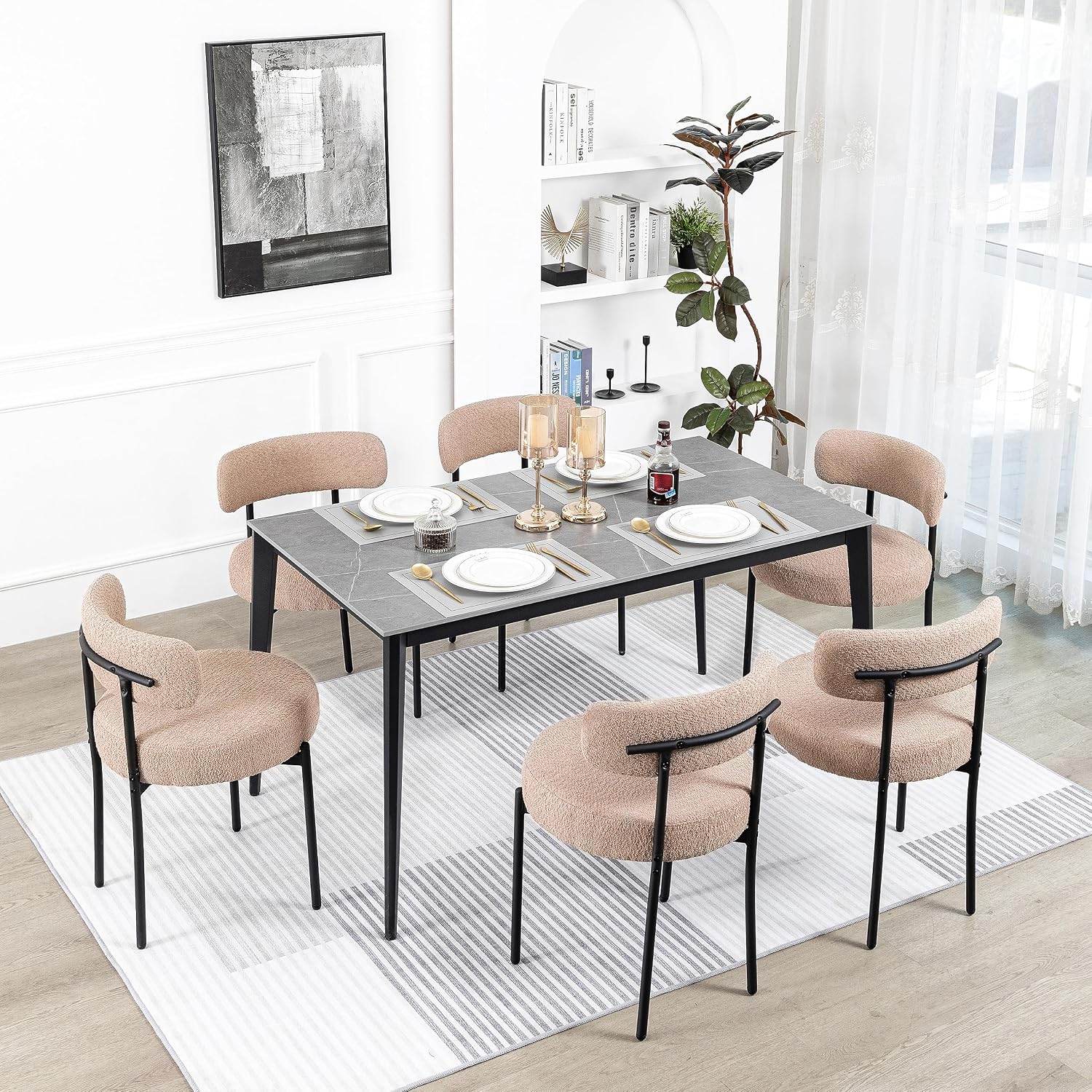 White Boucle Dining Chairs Set of 2, Mid Century Modern Kitchen Chairs, Upholstered Dining Room Chairs with Curved Backrest and Black Metal Legs