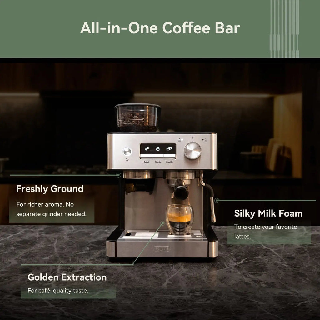 GEVI 20 Bar Espresso Maker with  Built-in Bean Grinder & Milk Frother ECMI0
