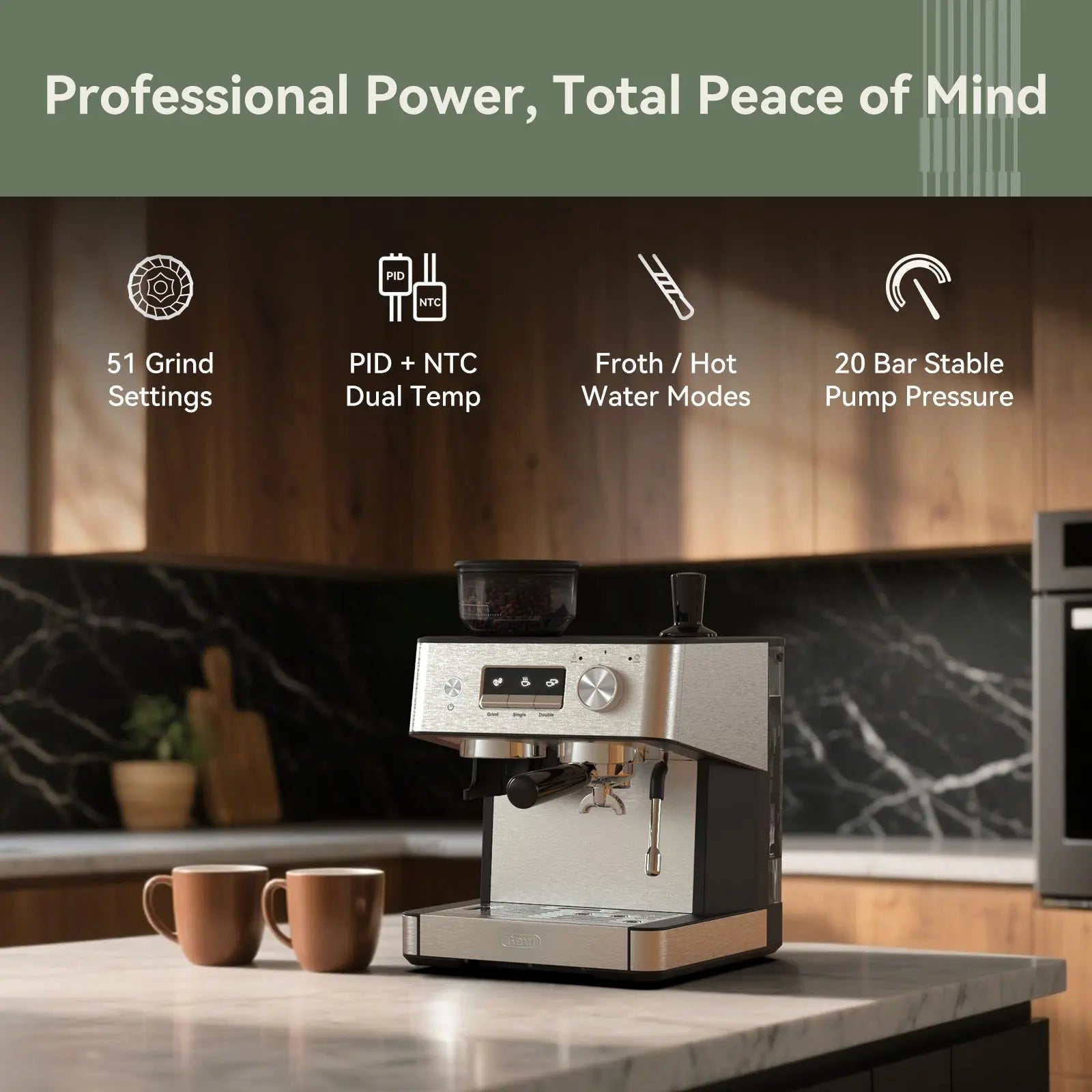 GEVI 20 Bar Espresso Maker with  Built-in Bean Grinder & Milk Frother ECMI0