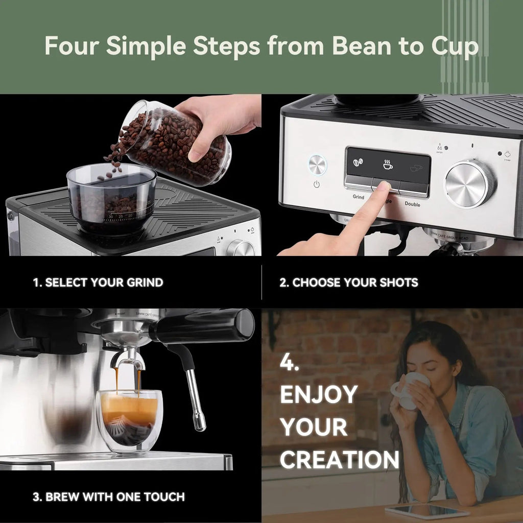 GEVI 20 Bar Espresso Maker with  Built-in Bean Grinder & Milk Frother ECMI0