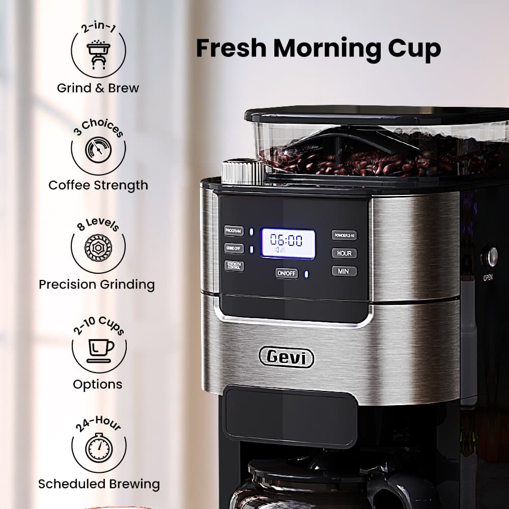 GEVI Programmable 10-Cup Grind & Brew Coffee Maker Machine with Built-in Grinder DCMB0